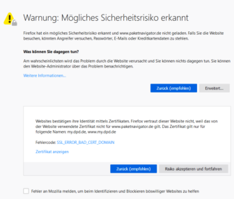 DPD Sicherheitswarnung im Mozilla Firefox