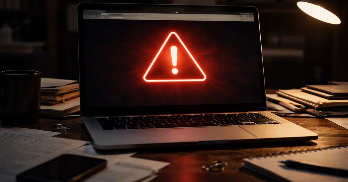 Bildschirm mit Browser-Fenster und Warnsymbol
