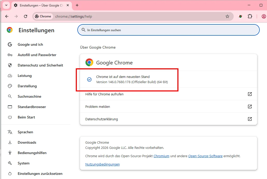 Chrome Version 146.0.7680.178 - Über Google Chrome Seite mit aktuellem Update