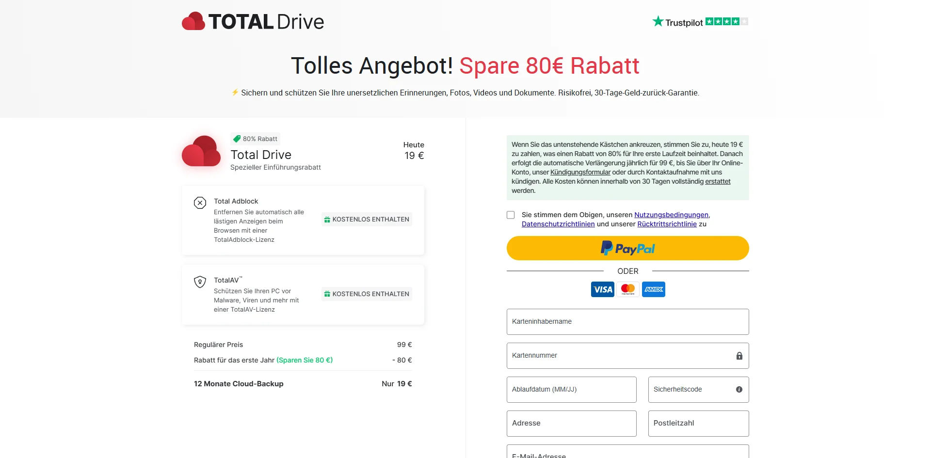 Screenshot: Total Drive Bezahlseite mit 80 Euro Rabatt-Angebot und Kreditkarten-Eingabe