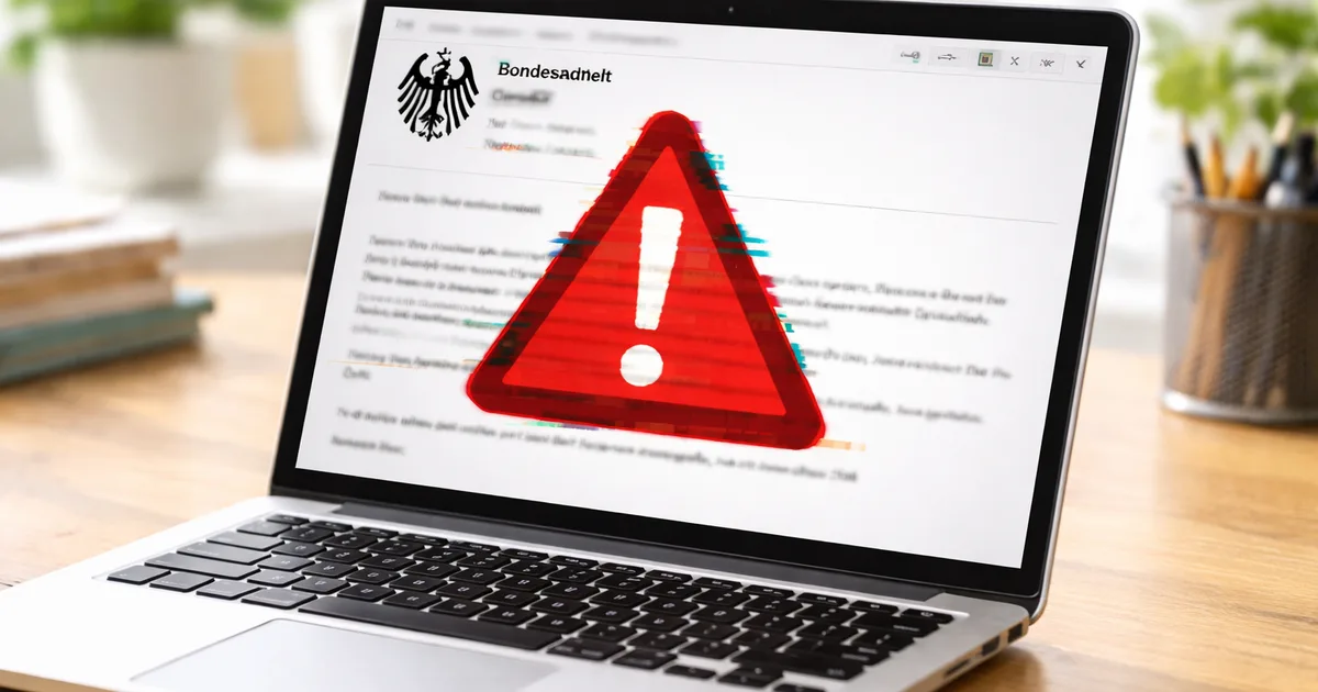Laptop zeigt gef&auml;lschte Beh&ouml;rden-Mail mit offiziellem Logo