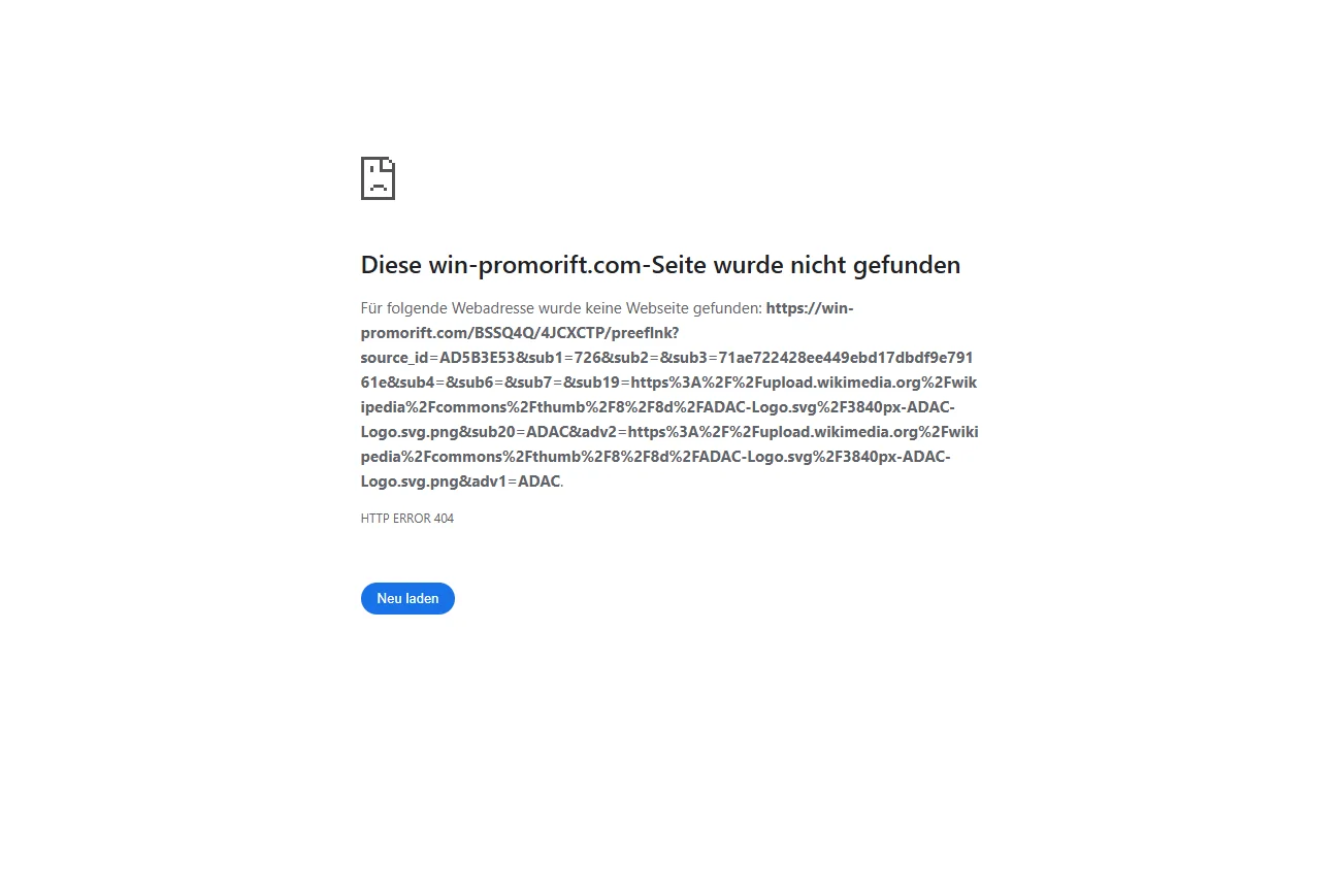 HTTP 404 Fehlerseite mit Tracking-URL und Affiliate-Parametern