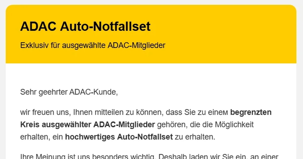 Phishing-Mail im ADAC-Design mit gelbem Header und der Aufschrift ADAC Auto-Notfallset