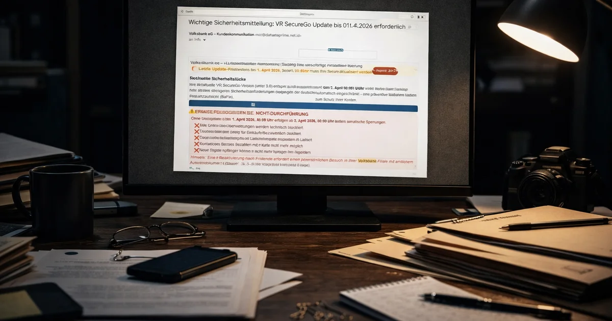 Screenshot einer gef&auml;lschten Volksbank-Phishing-Mail mit Betreff VR SecureGo Update