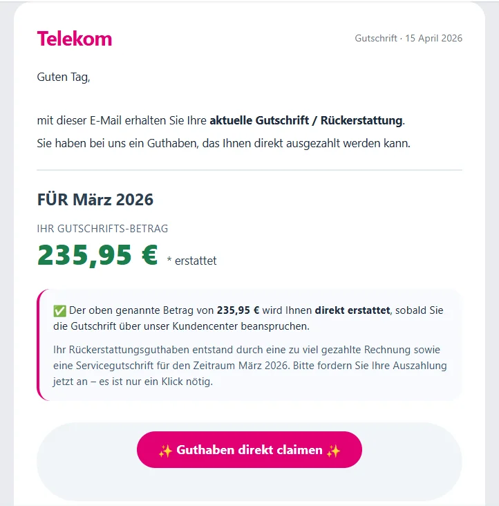 Screenshot: Gefälschte Telekom-Gutschrift-Mail mit 235,95 Euro und Claimen-Button